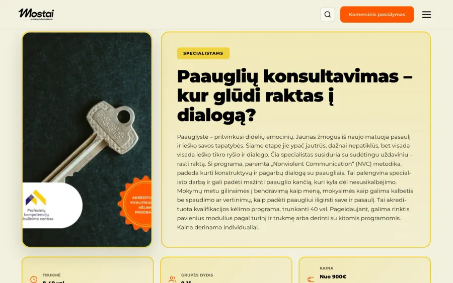 Course page with duration, group size and price