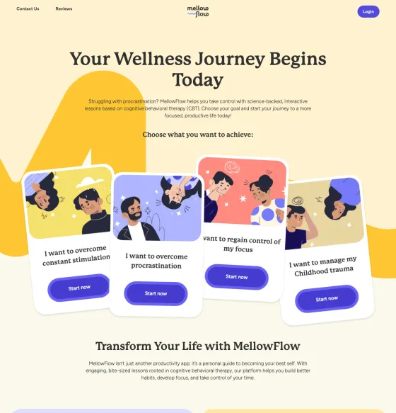 MellowFlow landing page with four goal cards