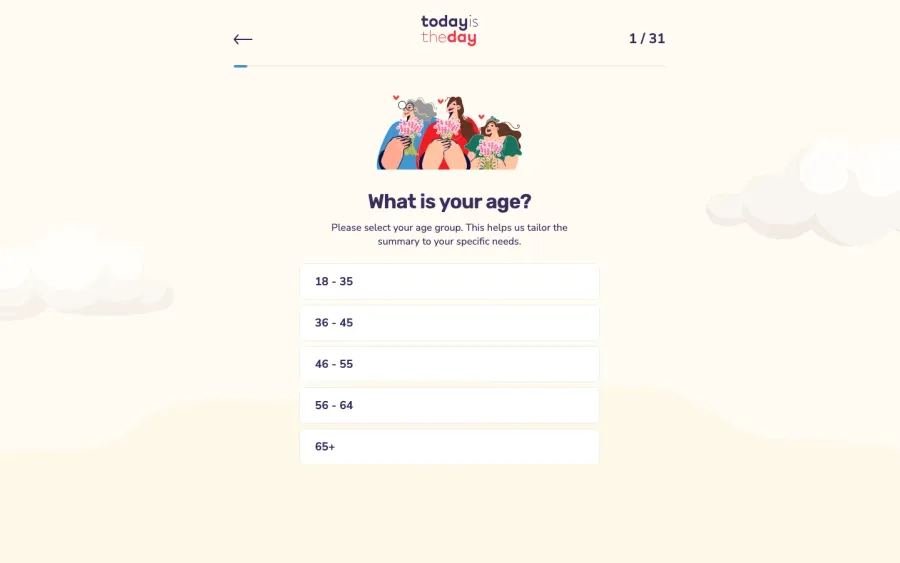 TodayIsTheDay quiz, first question, with a progress bar