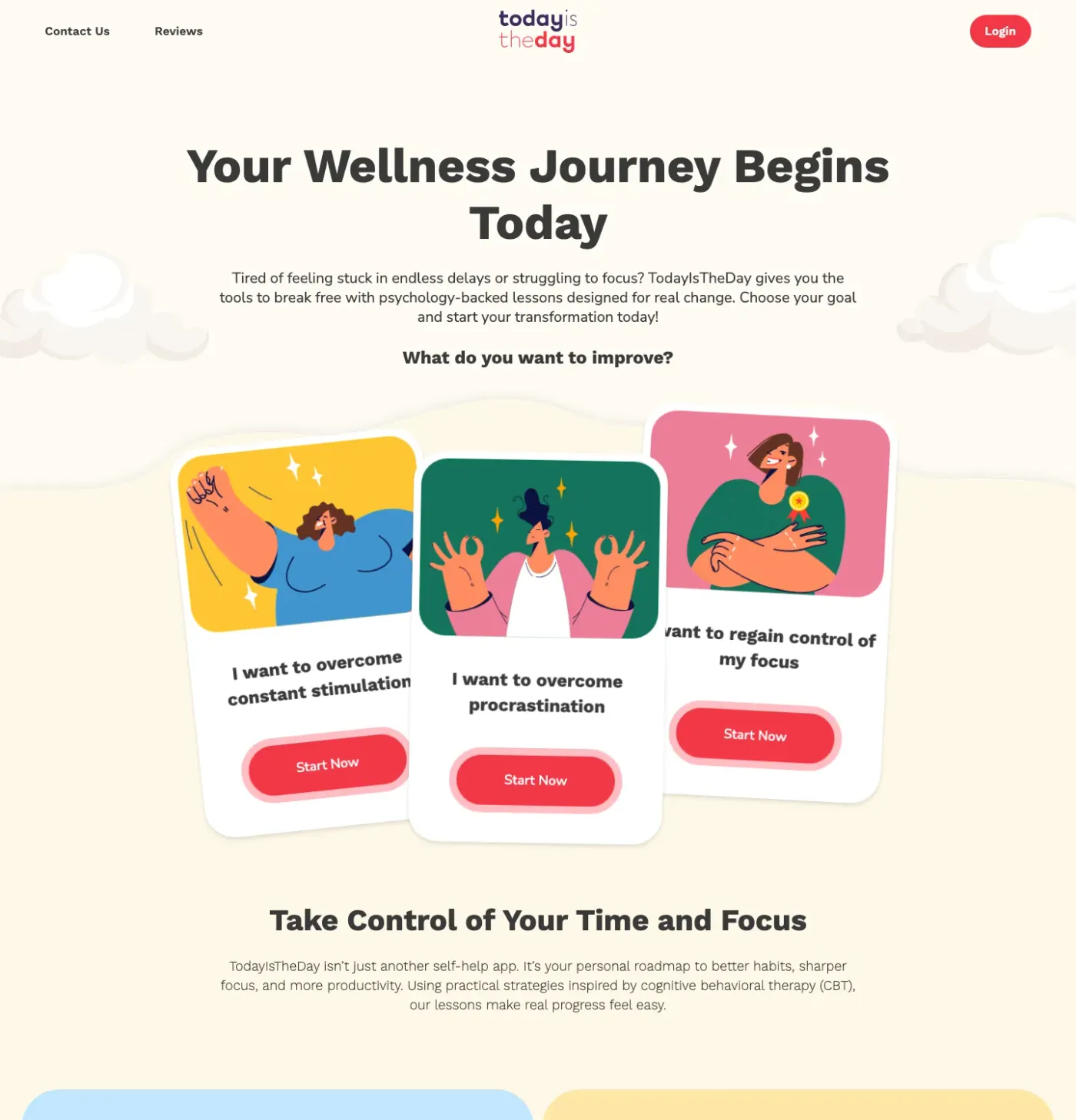 TodayIsTheDay landing page with three goal cards